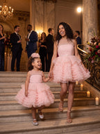 Mommy and daughter matching blush pink ruffled tulle party dresses