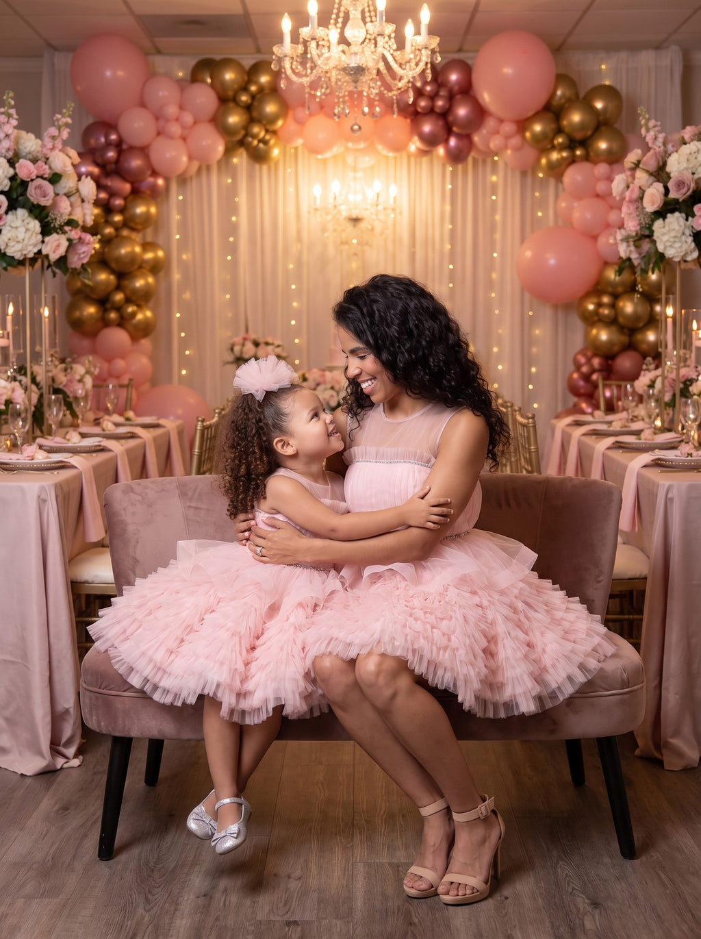 Mommy and daughter matching blush pink ruffled tulle party dresses