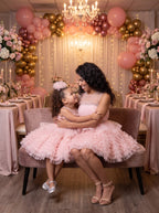 Mommy and daughter matching blush pink ruffled tulle party dresses