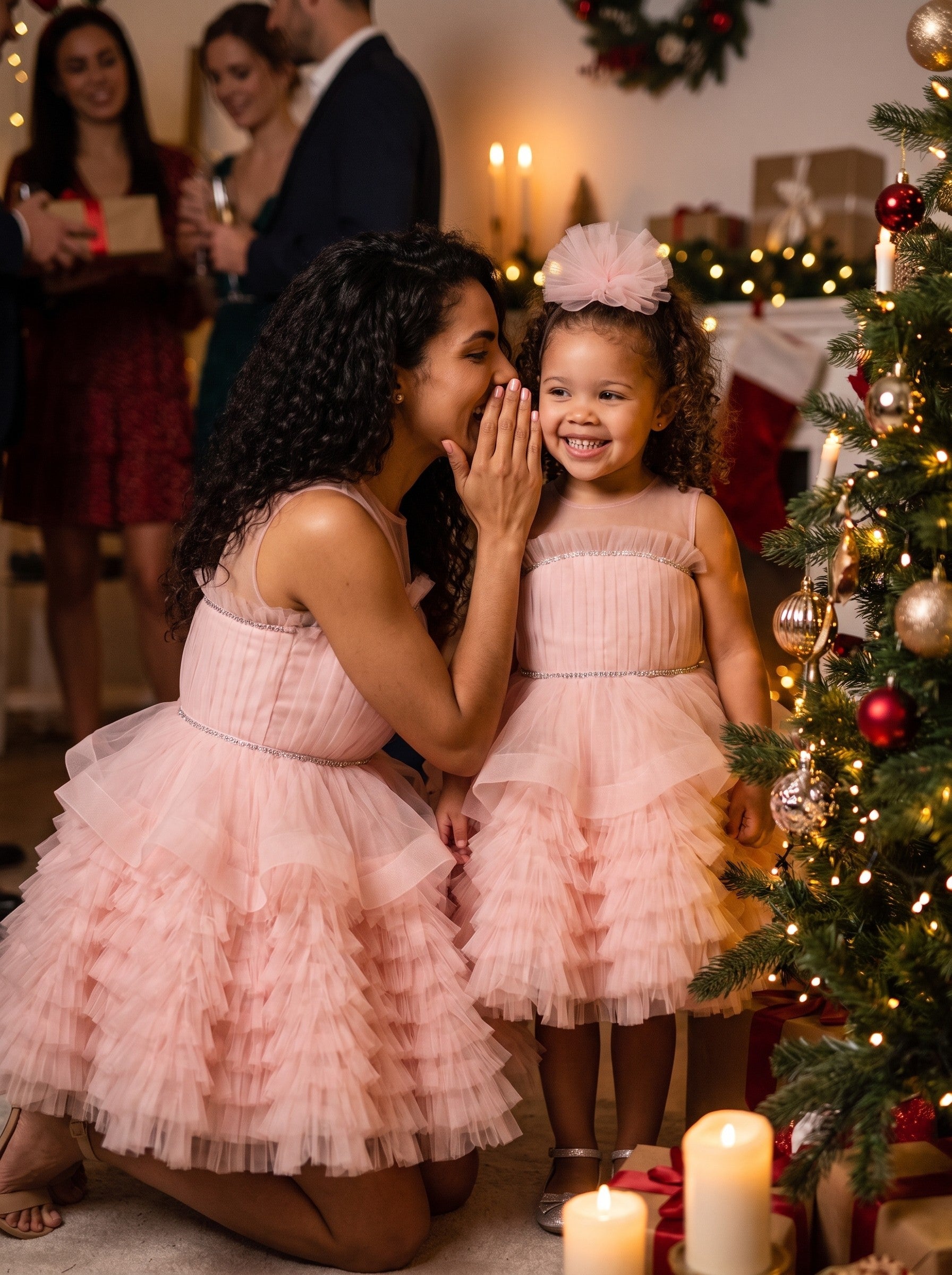 Mommy and daughter matching blush pink ruffled tulle party dresses