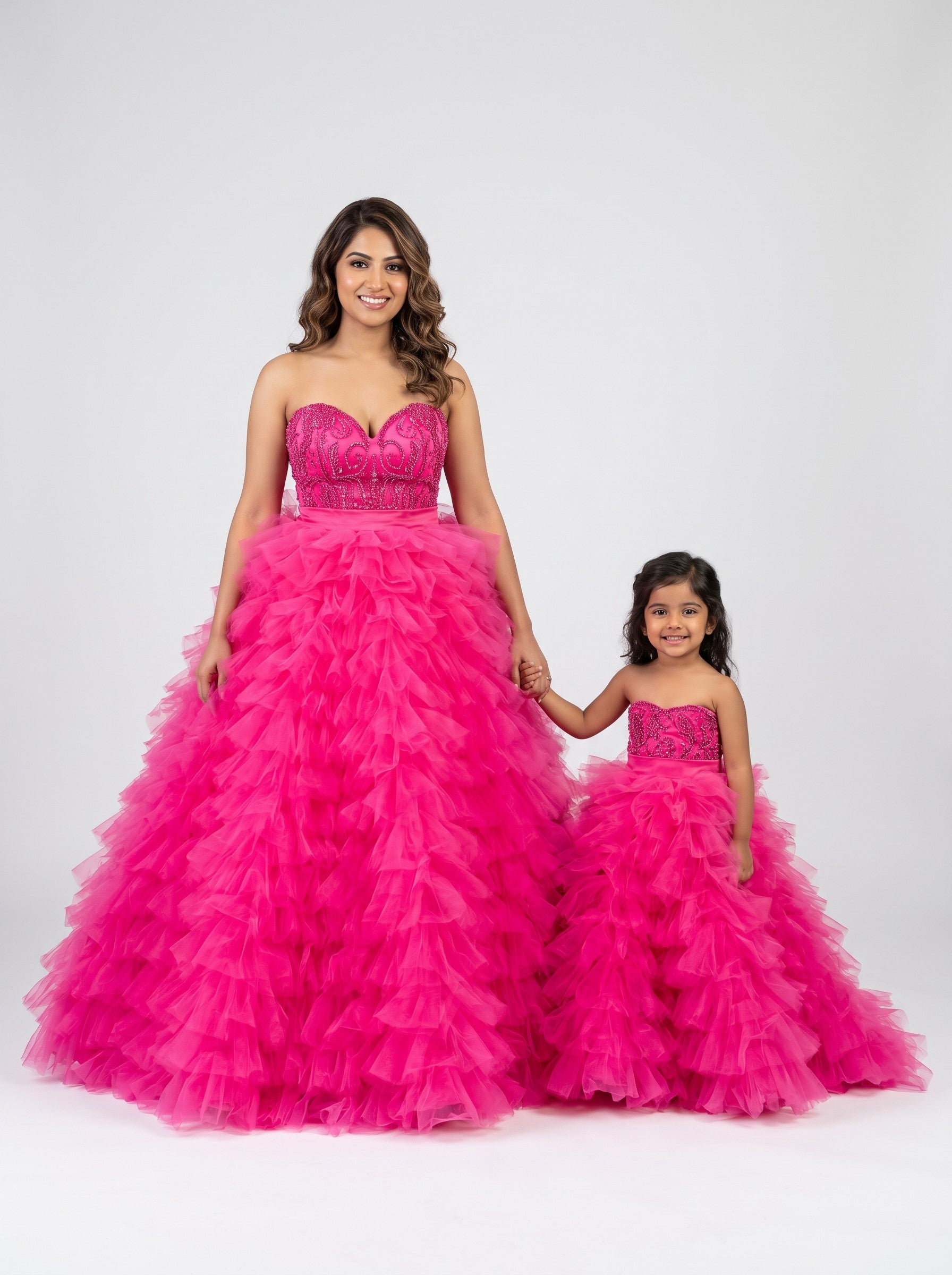 Mommy and daughter matching fuchsia beaded ruffle tulle ball gowns