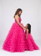 Mommy and daughter matching fuchsia beaded ruffle tulle ball gowns