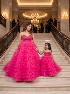 Mommy and daughter matching fuchsia beaded ruffle tulle ball gowns