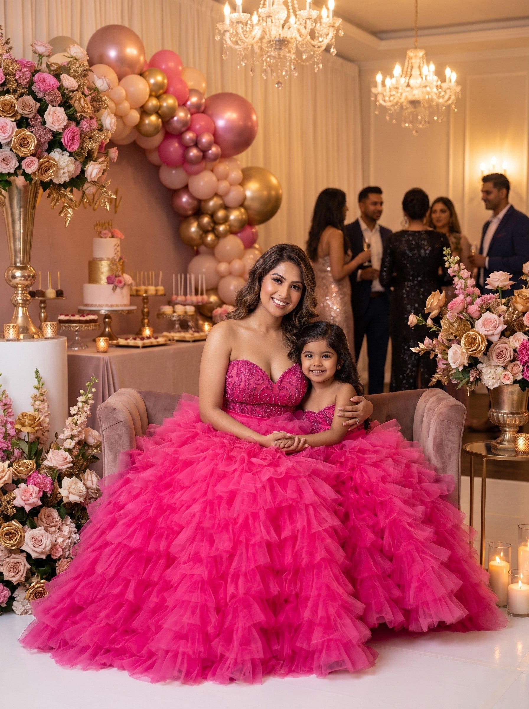 Mommy and daughter matching fuchsia beaded ruffle tulle ball gowns