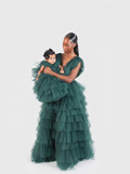 Mommy and daughter matching emerald green tiered tulle gowns