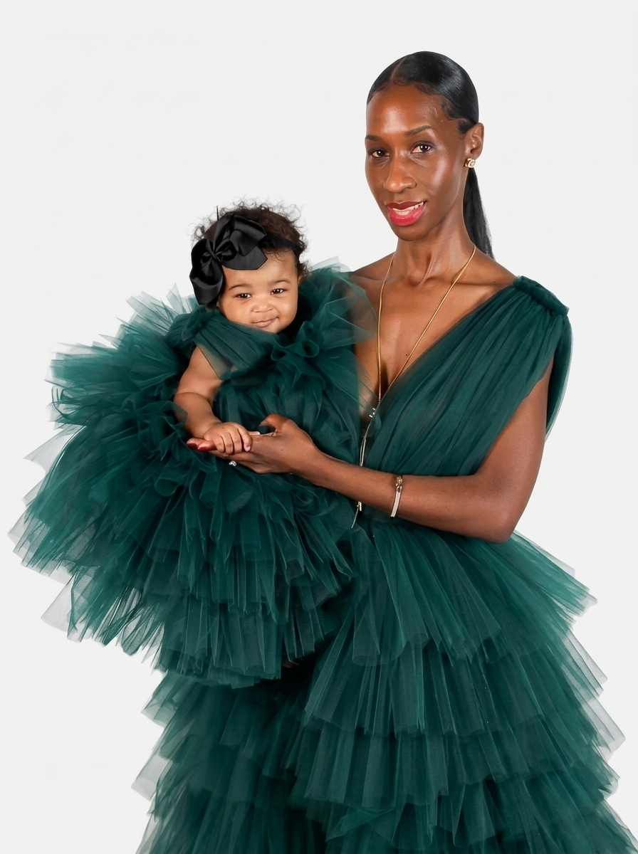 Mommy and daughter matching emerald green tiered tulle gowns