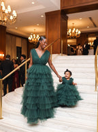 Mommy and daughter matching emerald green tiered tulle gowns