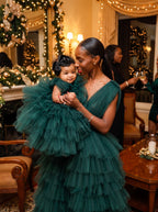 Mommy and daughter matching emerald green tiered tulle gowns