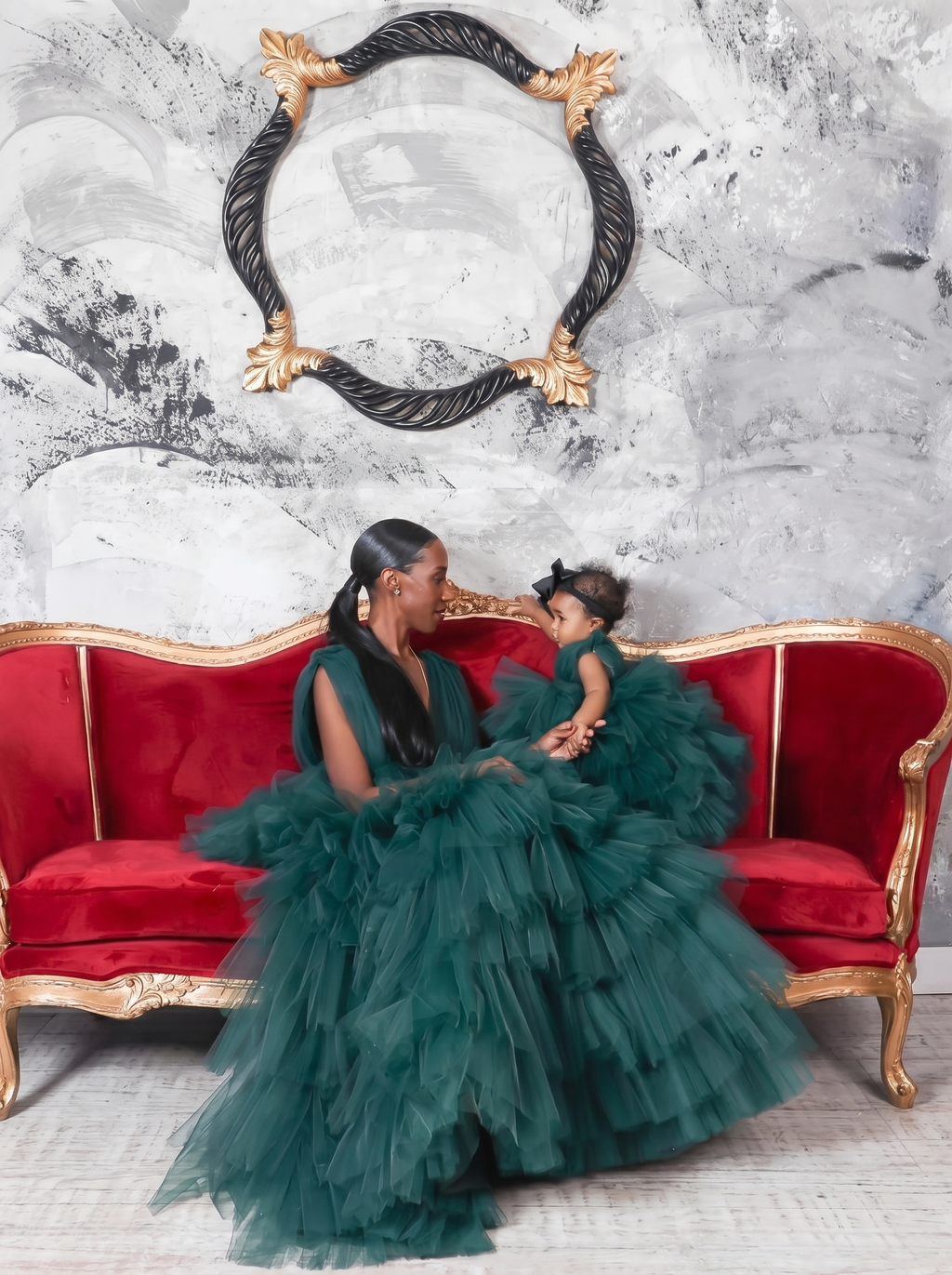 Mommy and daughter matching emerald green tiered tulle gowns
