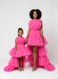 Mommy and daughter matching hot pink tiered tulle high-low dresses
