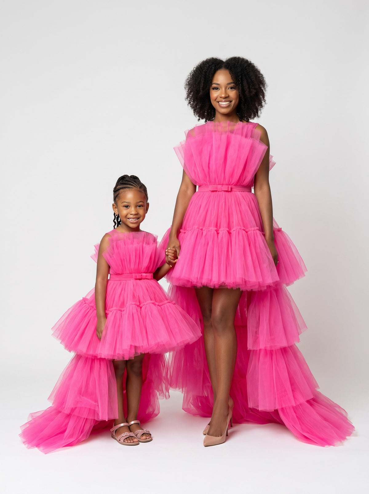 Mommy and daughter matching hot pink tiered tulle high-low dresses