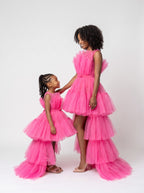 Mommy and daughter matching hot pink tiered tulle high-low dresses