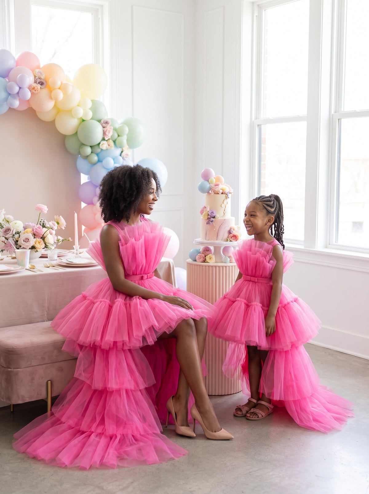 Mommy and daughter matching hot pink tiered tulle high-low dresses