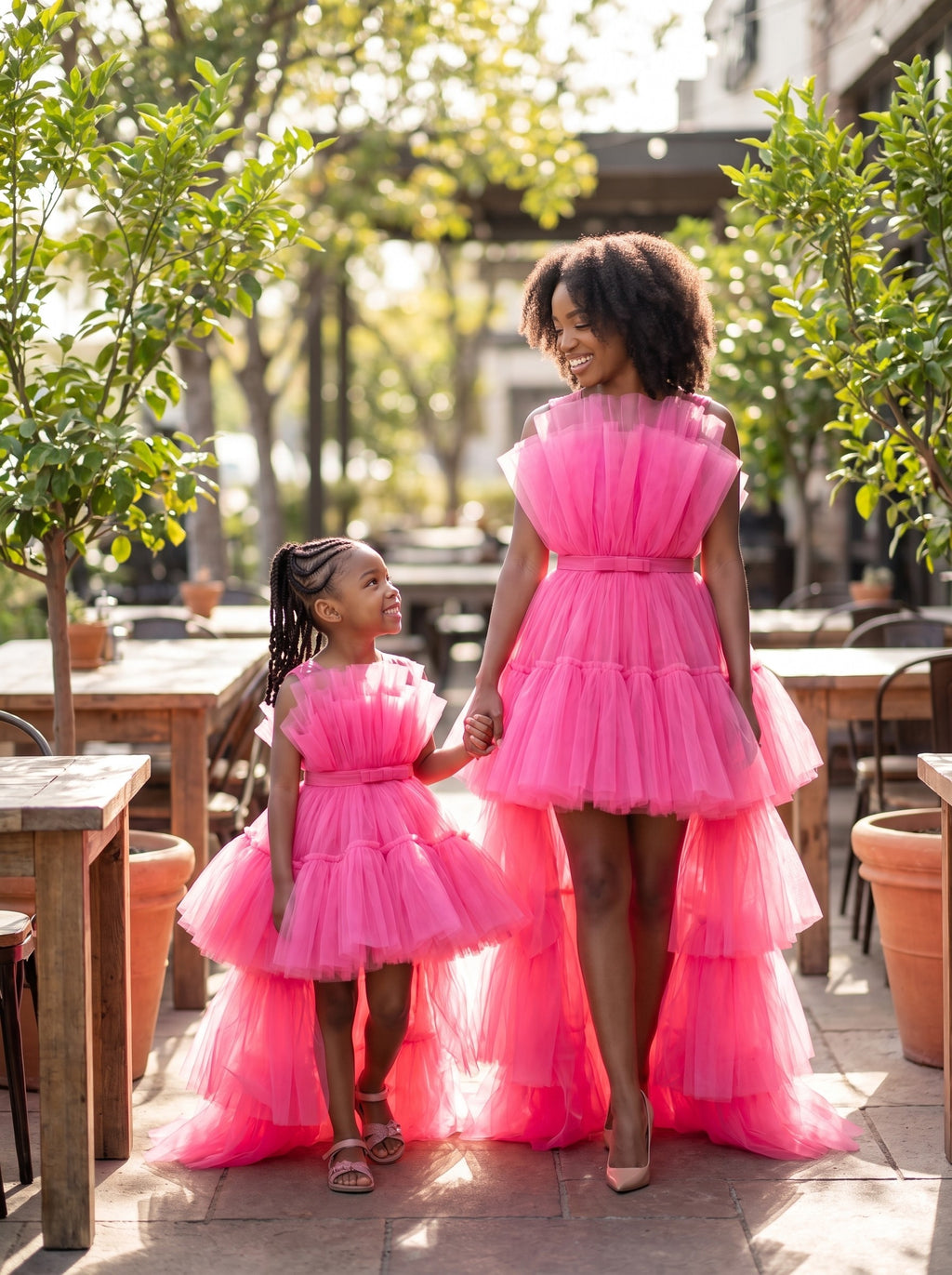 Mommy and daughter matching hot pink tiered tulle high-low dresses