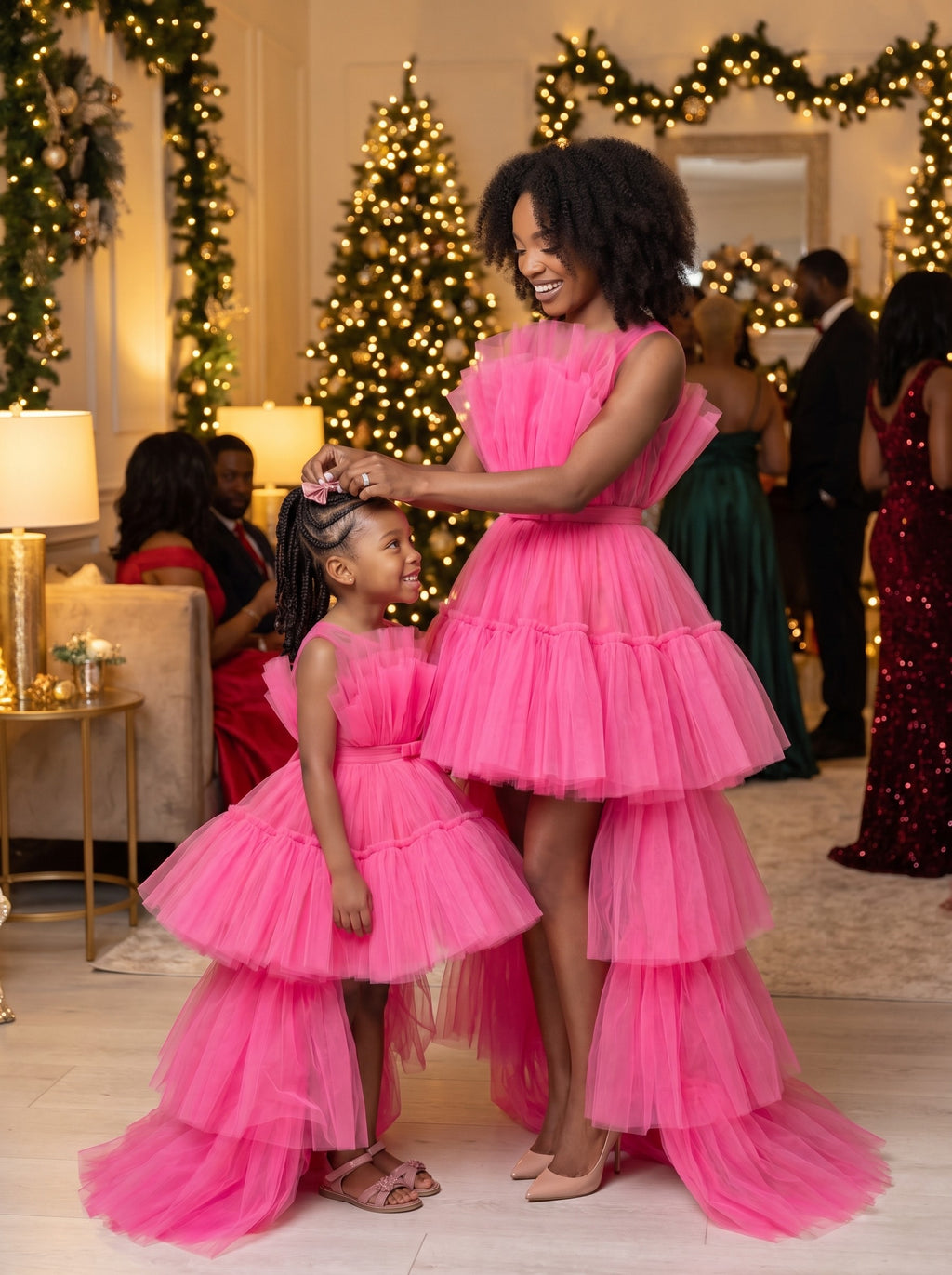 Mommy and daughter matching hot pink tiered tulle high-low dresses