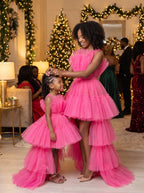 Mommy and daughter matching hot pink tiered tulle high-low dresses