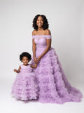 Mommy and daughter matching lavender off-shoulder tulle ball gowns