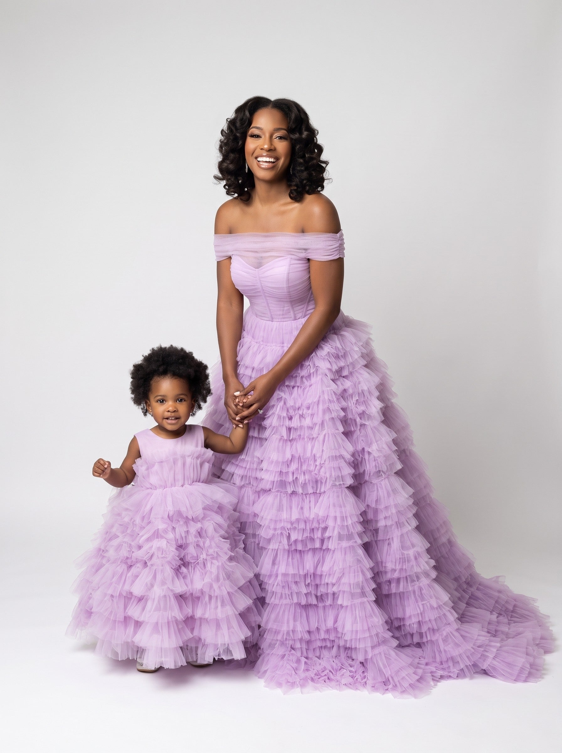 Mommy and daughter matching lavender off-shoulder tulle ball gowns