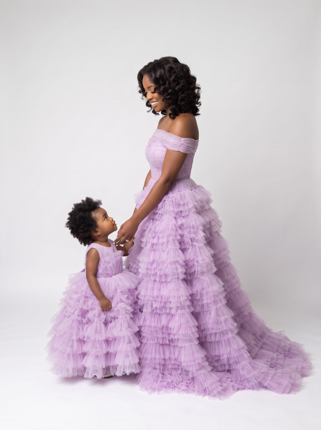 Mommy and daughter matching lavender off-shoulder tulle ball gowns