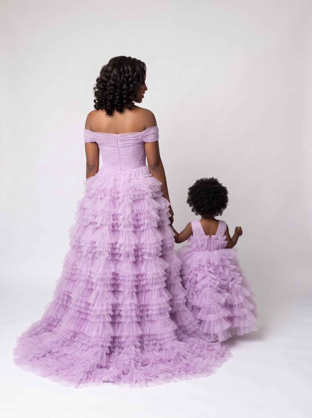 Mommy and daughter matching lavender off-shoulder tulle ball gowns