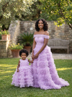 Mommy and daughter matching lavender off-shoulder tulle ball gowns