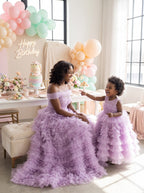 Mommy and daughter matching lavender off-shoulder tulle ball gowns