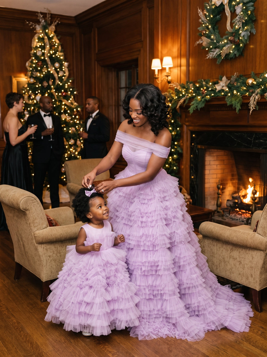 Mommy and daughter matching lavender off-shoulder tulle ball gowns