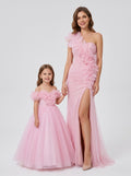 Mommy and daughter matching rose pink one-shoulder ruffle gowns