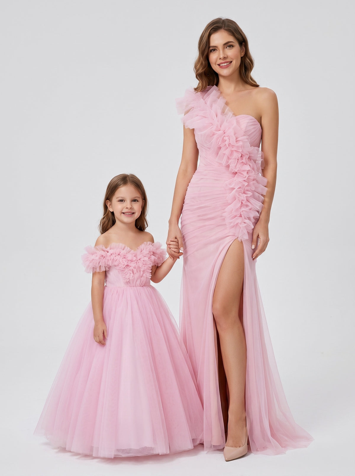 Mommy and daughter matching rose pink one-shoulder ruffle gowns
