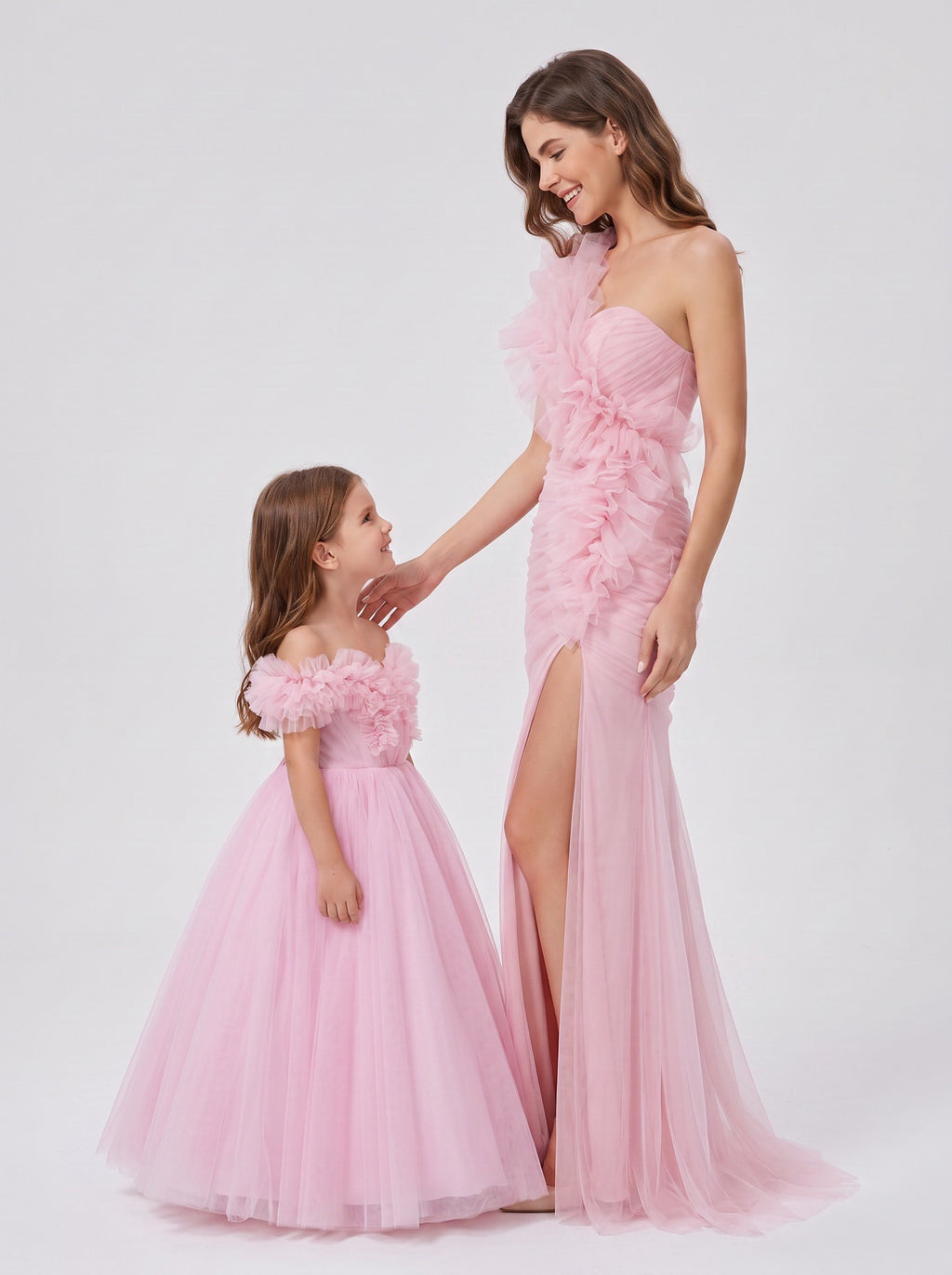 Mommy and daughter matching rose pink one-shoulder ruffle gowns