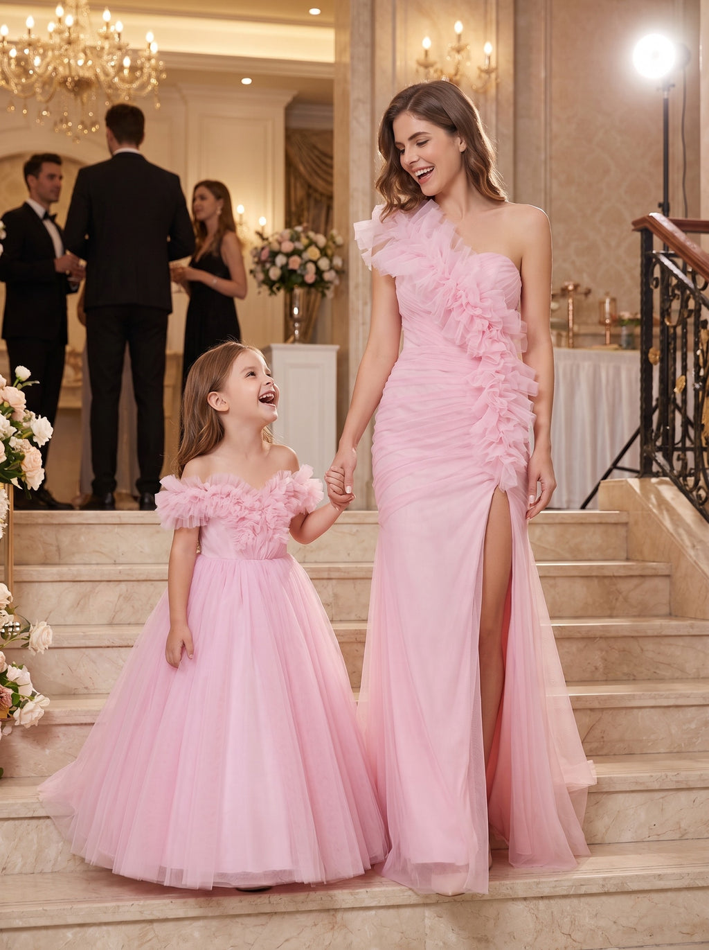 Mommy and daughter matching rose pink one-shoulder ruffle gowns