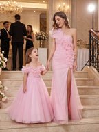 Mommy and daughter matching rose pink one-shoulder ruffle gowns