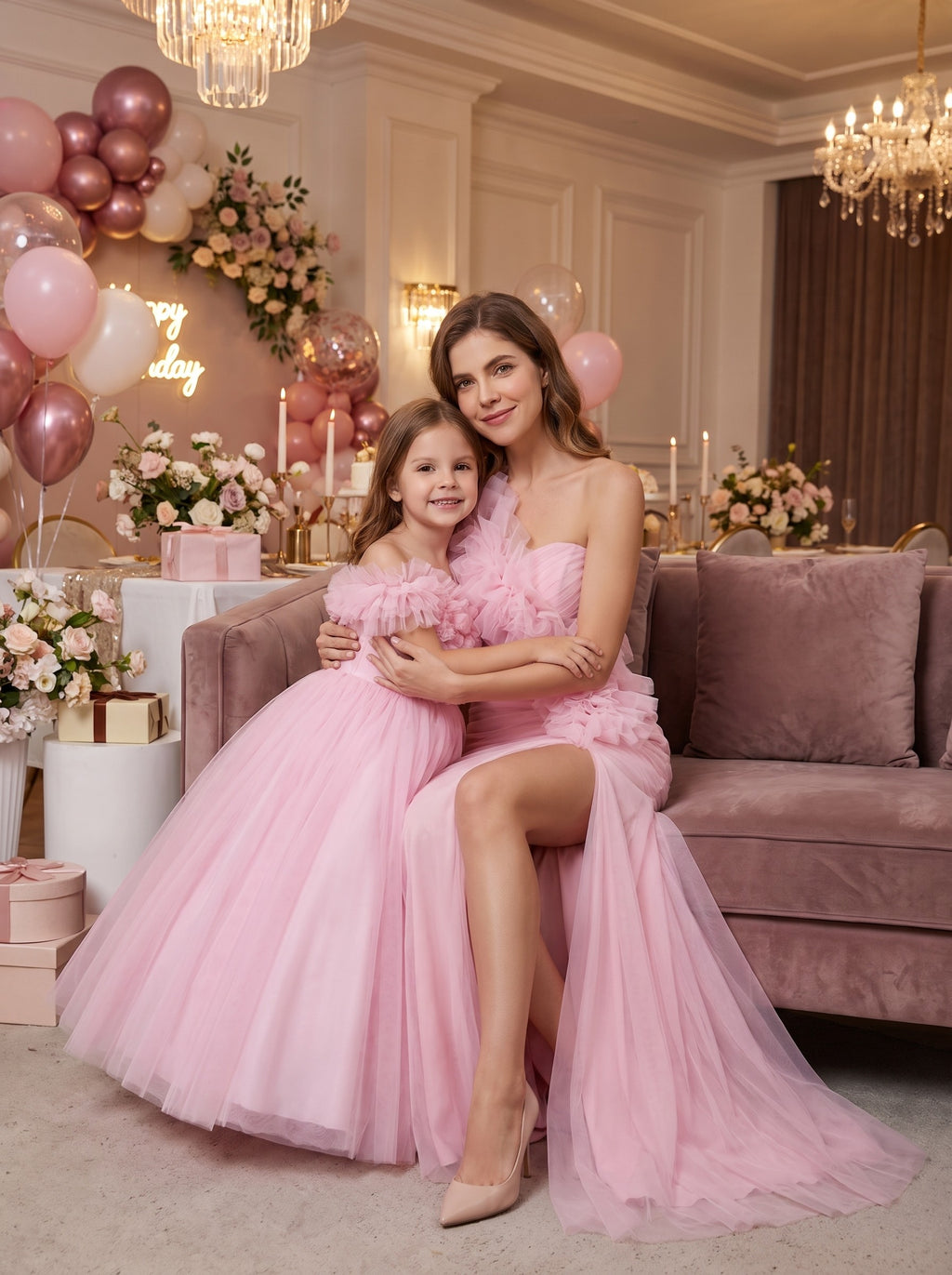 Mommy and daughter matching rose pink one-shoulder ruffle gowns