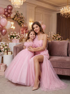 Mommy and daughter matching rose pink one-shoulder ruffle gowns