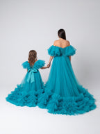 Mommy and daughter matching teal tulle ruffle gowns with train