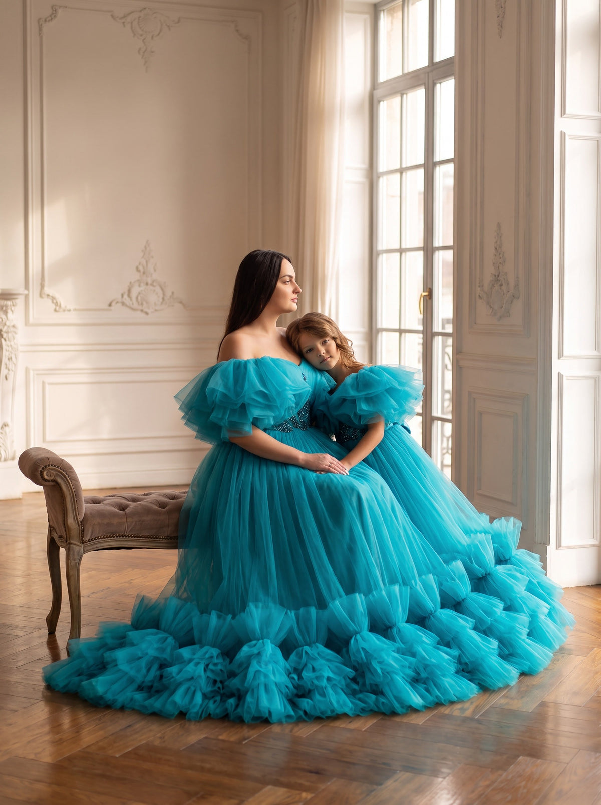 Mommy and daughter matching teal tulle ruffle gowns with train