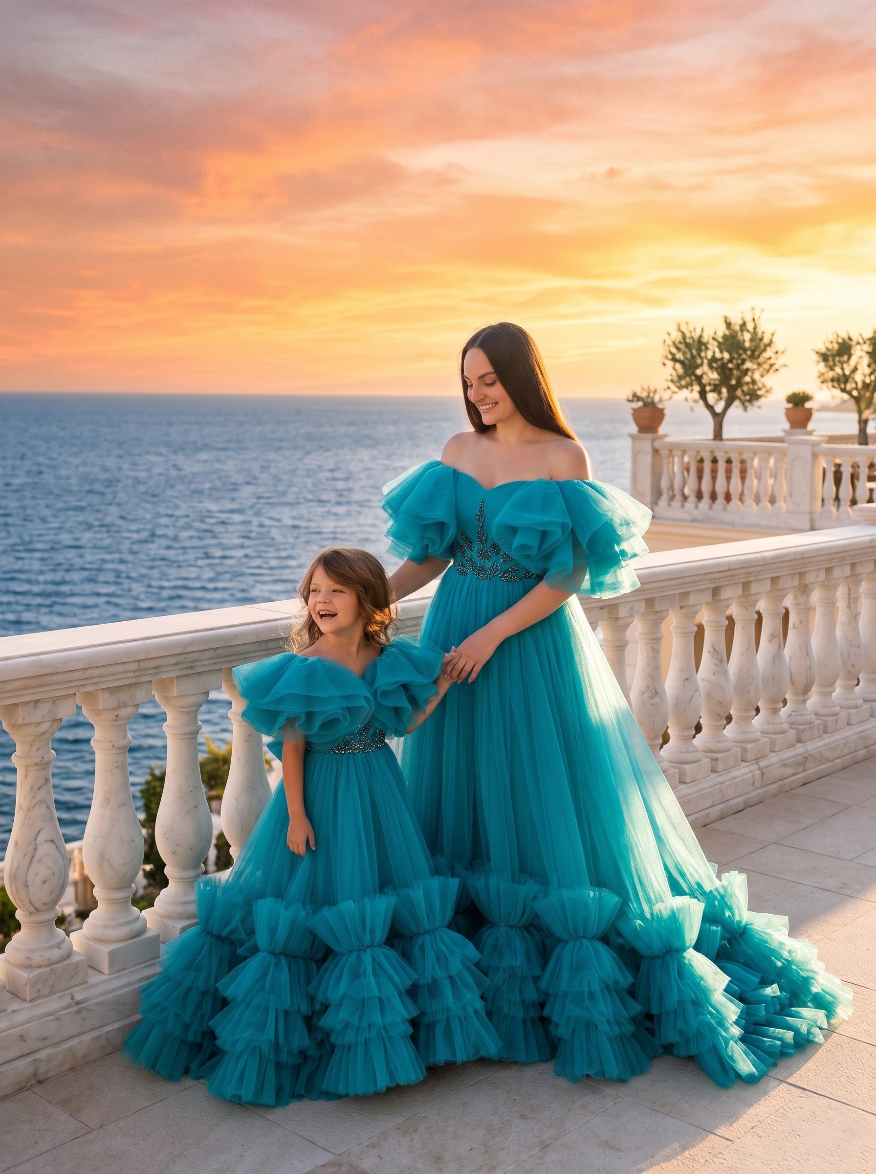 Mommy and daughter matching teal tulle ruffle gowns with train