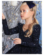 Navy sequin girls dress with long sleeves, open V-back and satin bow, designed for Christmas and holiday parties, view 8