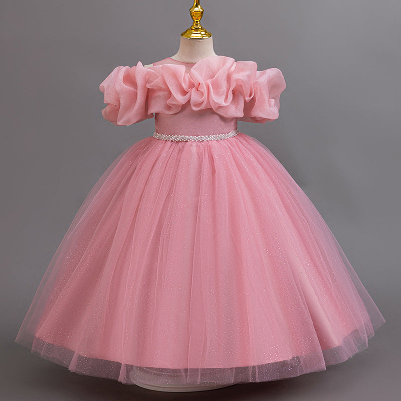 Dusty Rose glitter tulle girls ball gown with an off-shoulder ruffle neckline, pearl beaded waist and back bow, designed for birthdays, weddings and flower girls.