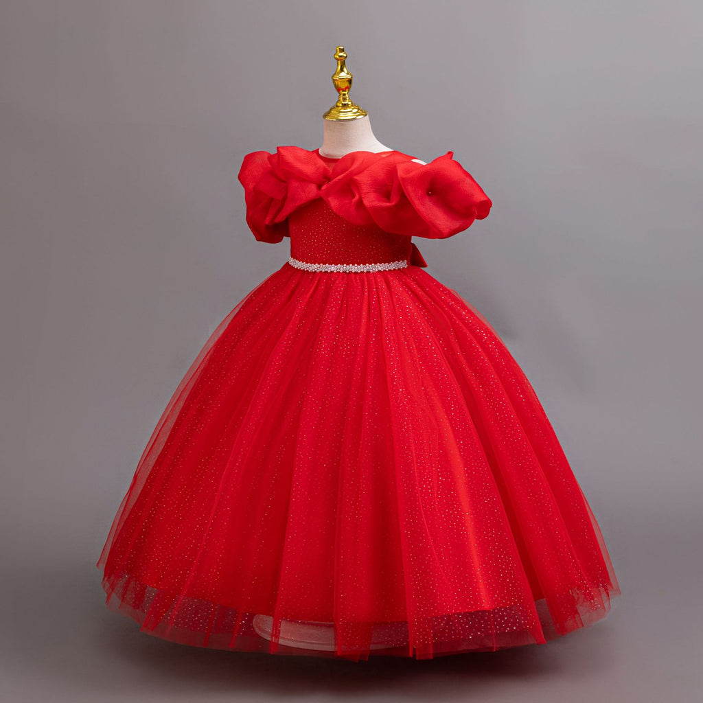 Red glitter tulle girls ball gown with an off-shoulder ruffle neckline, pearl beaded waist and back bow, designed for birthdays, weddings and flower girls, view 2