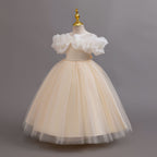 Champagne glitter tulle girls ball gown with an off-shoulder ruffle neckline, pearl beaded waist and back bow, designed for birthdays, weddings and flower girls, view 2