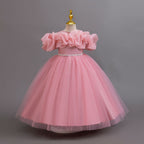 Dusty Rose glitter tulle girls ball gown with an off-shoulder ruffle neckline, pearl beaded waist and back bow, designed for birthdays, weddings and flower girls, view 3