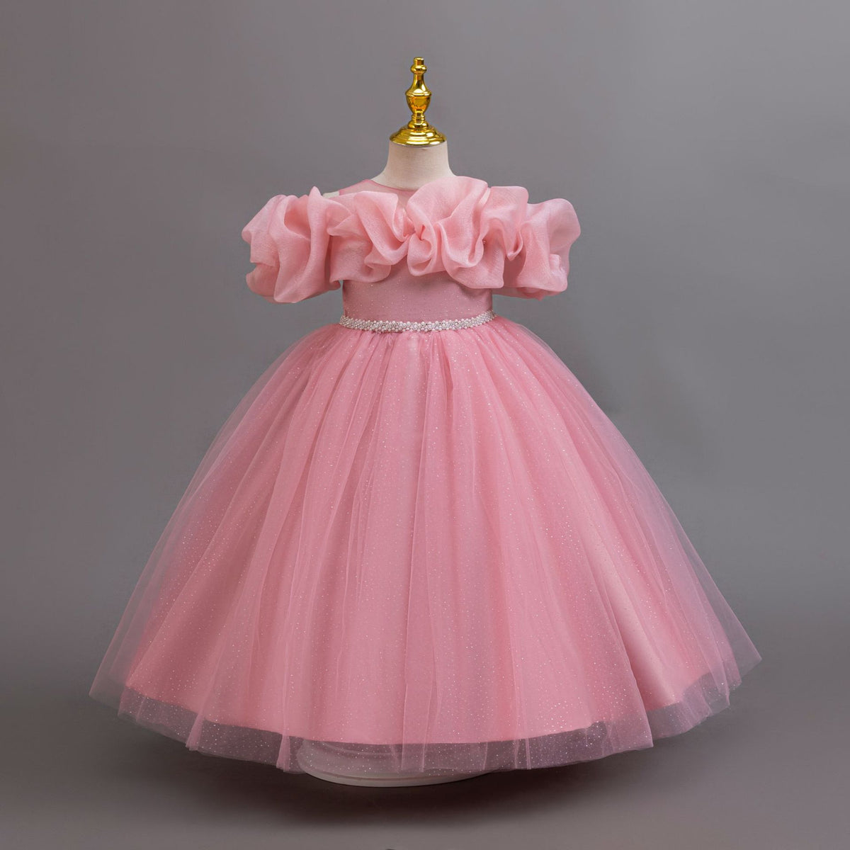 Dusty Rose glitter tulle girls ball gown with an off-shoulder ruffle neckline, pearl beaded waist and back bow, designed for birthdays, weddings and flower girls, view 3
