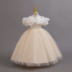 Champagne glitter tulle girls ball gown with an off-shoulder ruffle neckline, pearl beaded waist and back bow, designed for birthdays, weddings and flower girls.