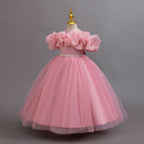 Dusty Rose glitter tulle girls ball gown with an off-shoulder ruffle neckline, pearl beaded waist and back bow, designed for birthdays, weddings and flower girls, view 2