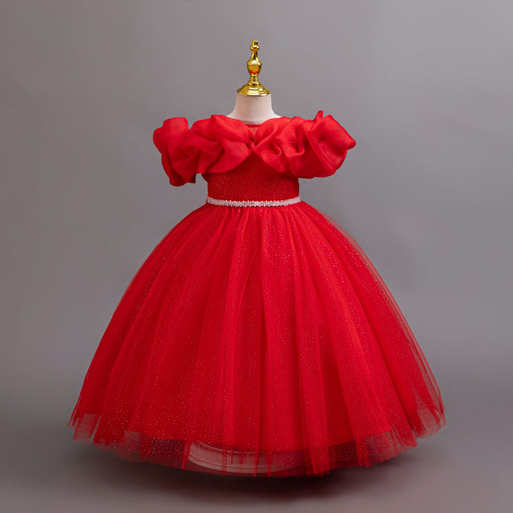 Red glitter tulle girls ball gown with an off-shoulder ruffle neckline, pearl beaded waist and back bow, designed for birthdays, weddings and flower girls.