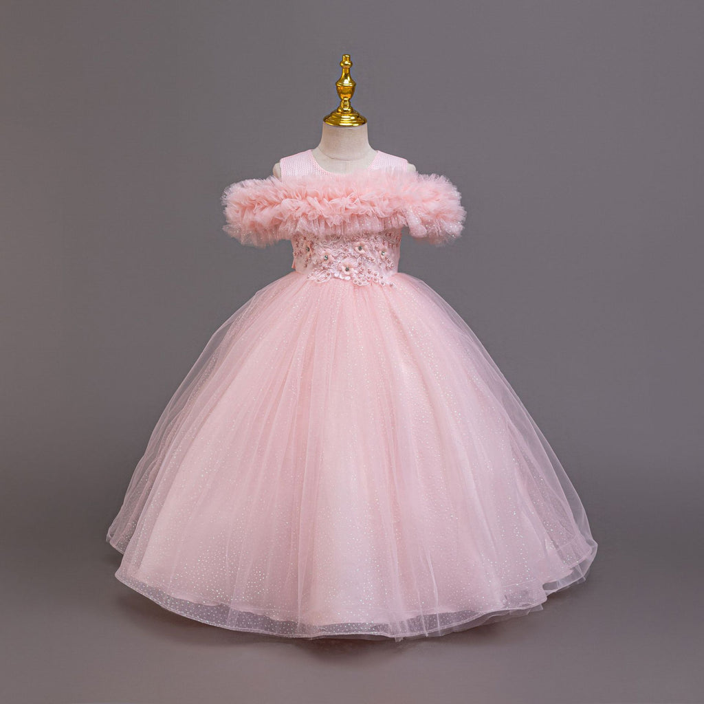 Pink tulle girls ball gown back view with satin bow, designed for flower girls and birthdays.