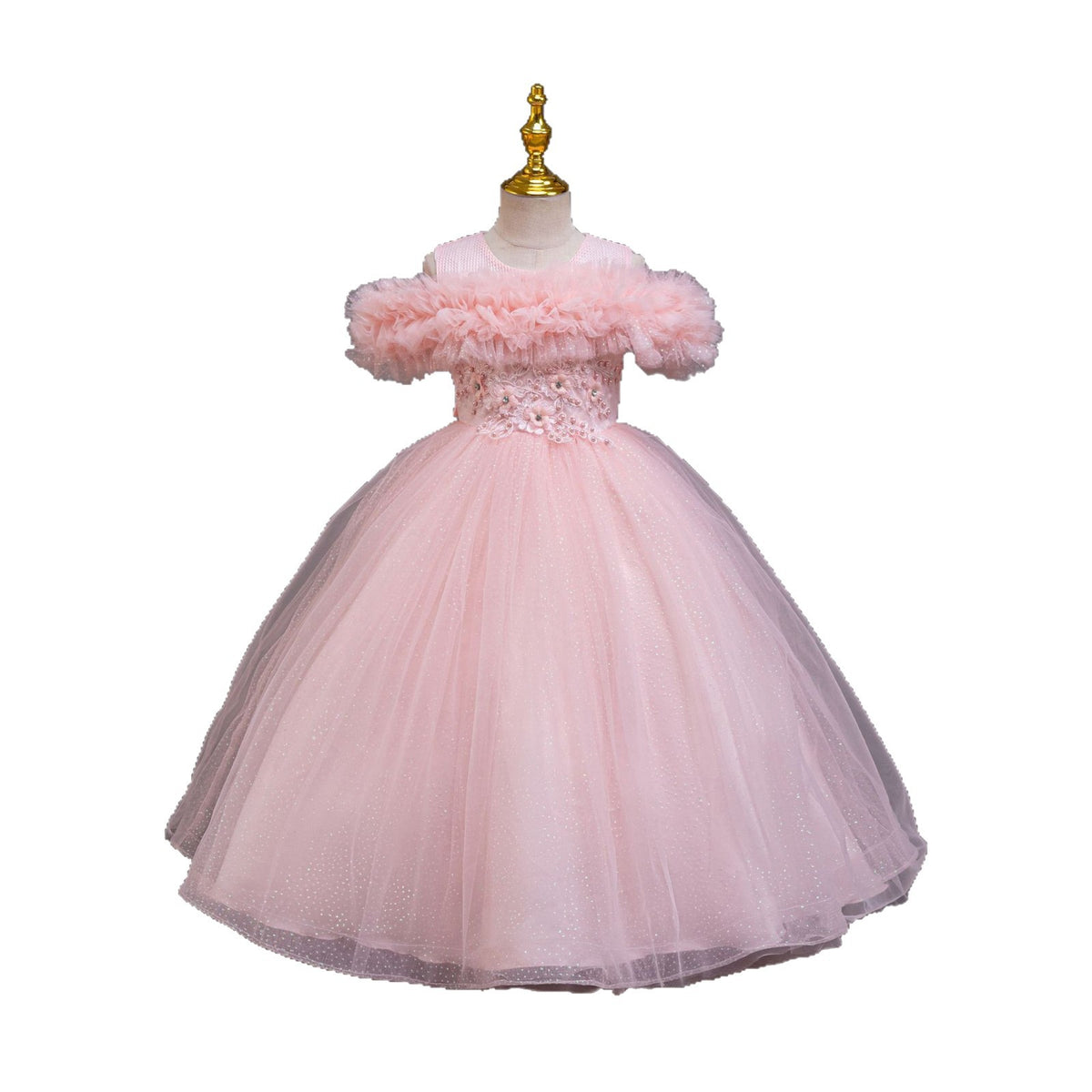 Pink tulle girls ball gown with off-shoulder ruffle neckline and lace waist, designed for flower girls and parties.