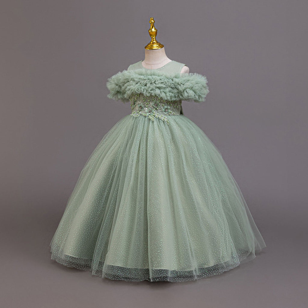 Sage green tulle girls ball gown with off-shoulder ruffles and lace waist, designed for weddings and parties.
