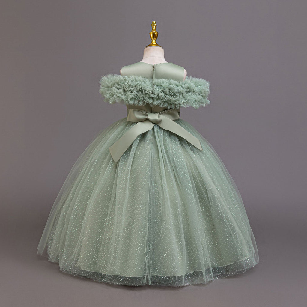 Sage green tulle girls ball gown back view with satin bow, designed for flower girls and parties.
